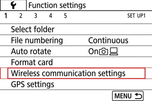 Wireless communication settings menu on EOS M50