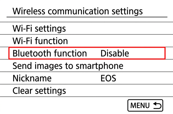 Bluetooth function menu on EOS M50
