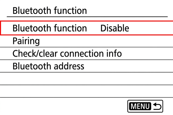 Bluetooth function sub-menu on EOS M50