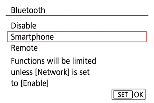 EOS R3 Bluetooth menu with Smartphone selected