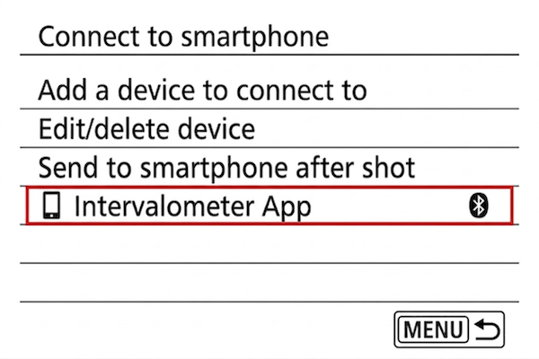 EOS R6 screen listing the connected smartphone