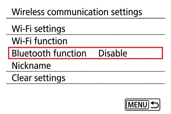 Bluetooth function menu on EOS RP